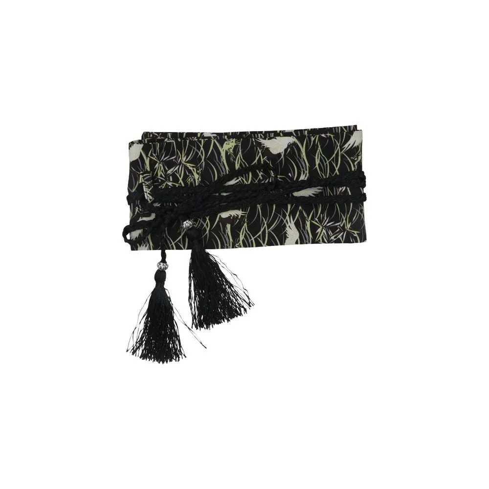 Black Printed Obi-Style Tassel Tie Belt